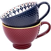 Topadorn Ceramic Coffee Mugs with Handle Set of 2, Hand-Painted Floral Pattern Ceramic Soup Mugs for Salad, Cappuccino, Cereal, Latte, Tea, Cocoa, Breakfast Oatmeal Cups(Blue & Red)