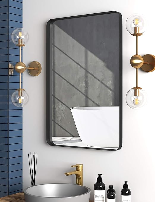 Amazon Com Rectangle Metal Frame Wall Mirror For Bathroom 24 X 36 Inch Wall Mounted Vanity Mirror Rounded Corner Black Frame Decorative Mirrors For Living Room Bedroom Kitchen Dining