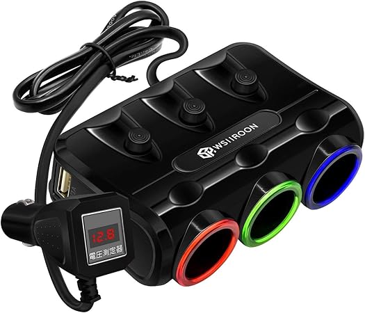Amazon Wsiiroon シガーソケット 3連 カーチャージャー 車載充電器 2usbポート 電圧測定 増設 個別スイッチ Ledランプ付き 12v 24v車対応 12か月保証 ソケット分配器 車 バイク