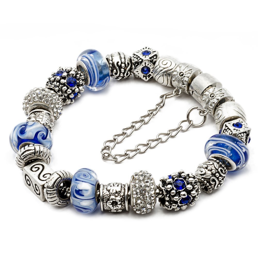 RUBYCA Silver Tone European Charm Bracelet 7.9" Ocean Blue Murano Glass Beads Jewelry Making Kit 8