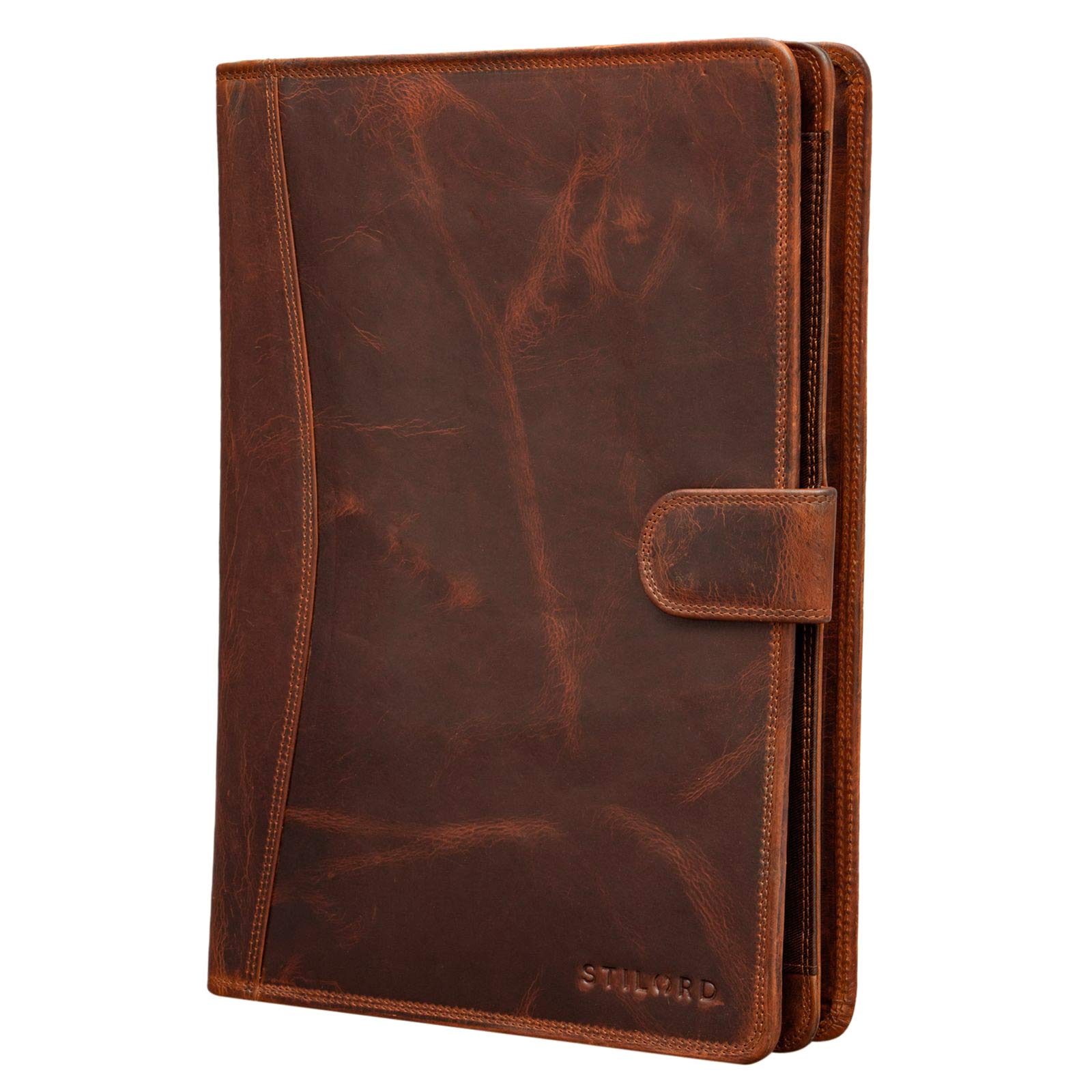STILORD "Cohen" Leather Portfolio Conference Folder A4 Business Map Organizer Padfolio for 12,2 Inch Tablet Writing Case with Zipper Colour:Kara - Cognac