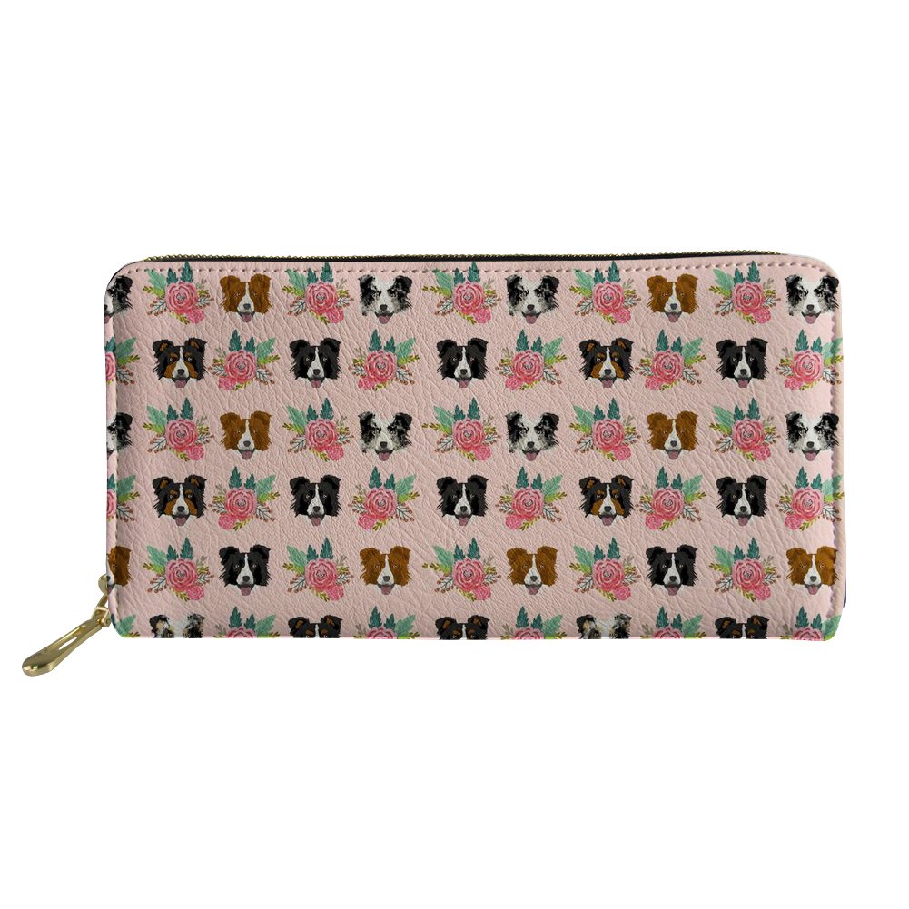 Coloranimal Border Collie Flowers Women‘s Wallet PU Leather Long Wallets Zip Money Purse Credit Card Holder Case Travel Coin Clutch Pouch for Travel