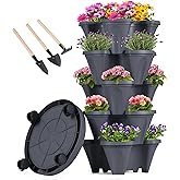 GameXcel Vertical Planter Tower - 5 Tier Stackable Garden Planters with Wheels and Tools Plant Pots for Strawberry Herb Flower and Vegetable Indoor Outdoor Use Dark Gray