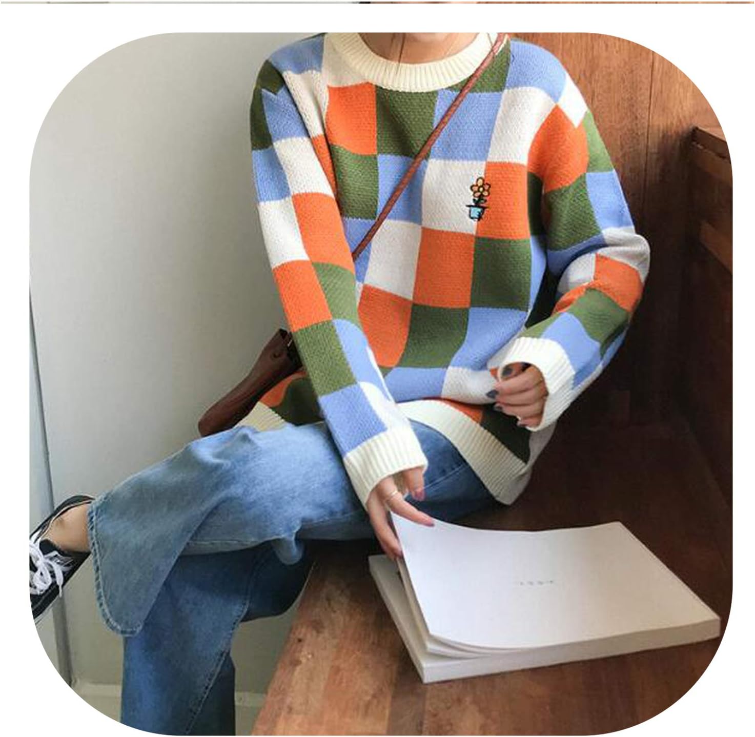 Female Korean Harajuku Casual Loose Color Matching Plaid Sweater Women's Sweaters Japanese Kawaii Clothing for Women