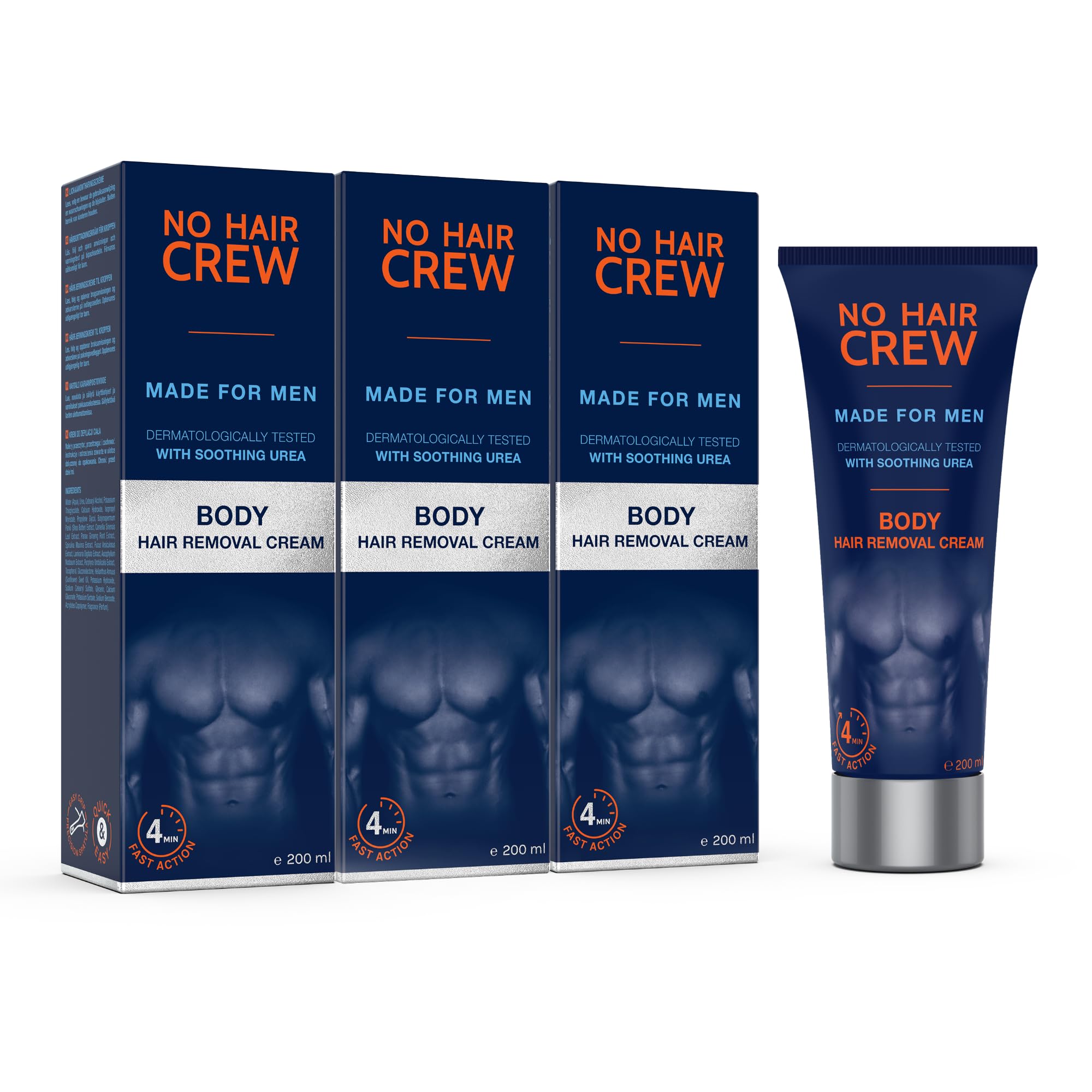 NO HAIR CREW Body Hair Removal Cream for Men Pack of 3 (3 x 200 ml) – For Chest, Back and Underarms – Gentle and Effective Depilation without Cuts or Razor Burn