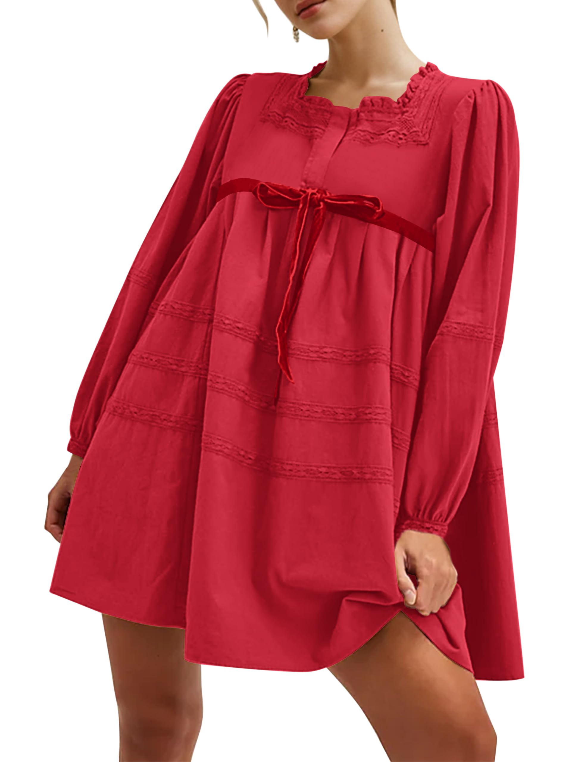 Photo 1 of Burtell Women Flowy Long Puff Sleeve Mini Dress Casual Square Neck Lace Embroidered Babydoll Dress Bow Tie A-line Tunic Dress