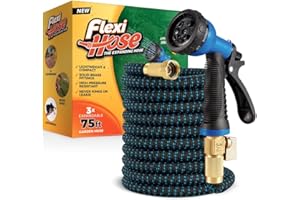 Flexi Hose with 8 Function Nozzle Expandable Garden Hose, Lightweight & No-Kink Flexible Garden Hose, 3/4 inch Solid Brass Fittings and Double Latex Core, 75 ft Blue Black