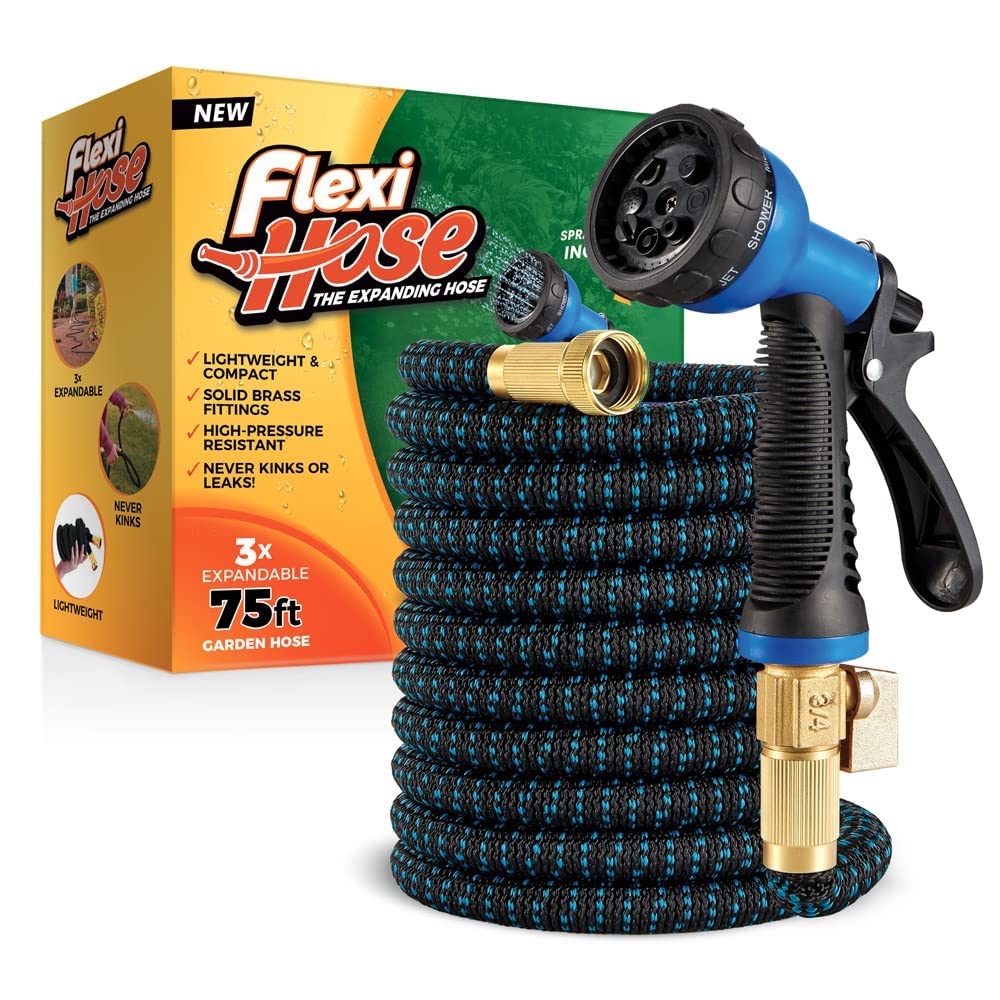 Photo 1 of Flexi Hose with 8 Function Nozzle, 75FT - Lightweight Expandable Garden Hose, No-Kink Flexibility, 3/4 Inch Solid Brass Fittings and Double Latex Core