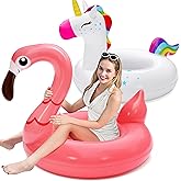 SLOOSH 2-Pack Unicorn Flamingo Pool Floats - Inflatable Pool Floaties Swimming Party Decorations, Fun Float Swim Rings Floating Tubes Beach Lake Summer Vacation Floaty with Headrest for Adults Kids