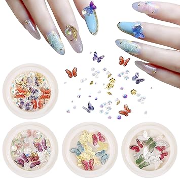 Amazon Com 3d Butterfly Nail Art Decals Butterfly Nail Charm Decals Set For Acrylic Nails With Crystals Nail Art Rhinestones Metal Flower Studs Kit Manicure Nail Decoration For Women 4 Boxes Color