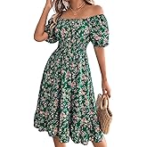 ChiaoLezhee Floral Dress for Women, Puff Sleeve A Line, Spring Tea Party, Knee Length Casual Flowy Milkmaid Boho Flower