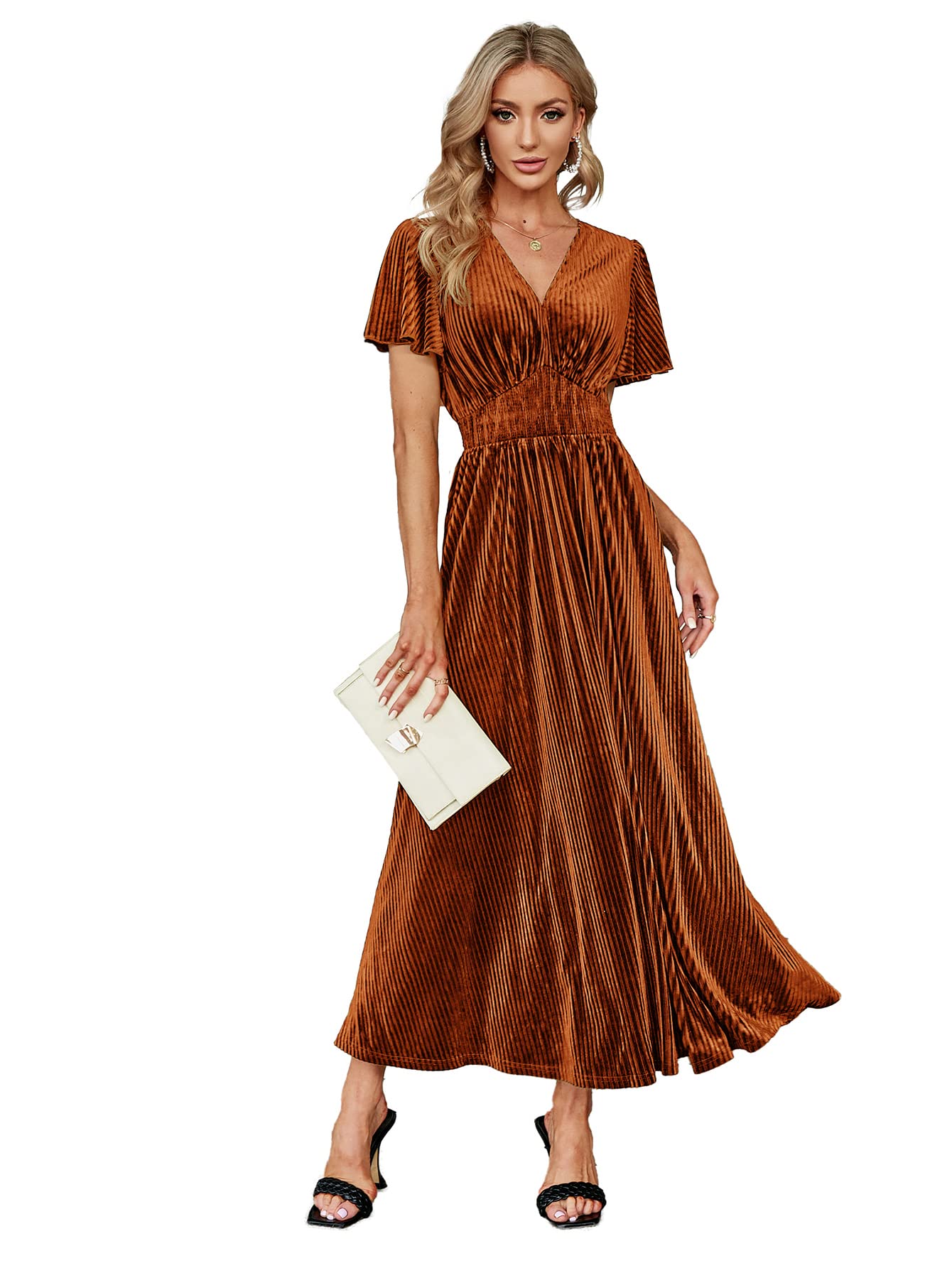 Simplee Women’s Short Sleeve Velvet Maxi Dress V Neck Formal Dress(XL Earthy Orange) Image