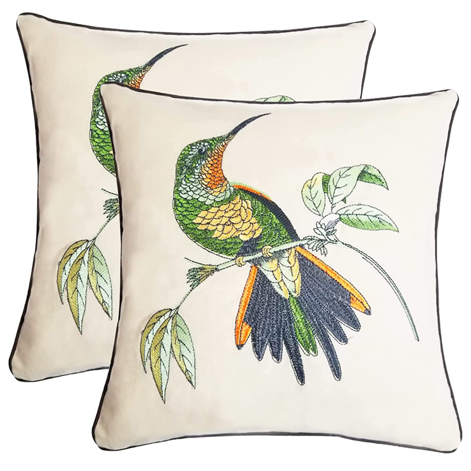 Pilmandu Set of 2 Embroidered Decorative Throw Pillow Covers 45x45cm Couch Square Pillowcases Cushion for Bedroom Sofa Farmhouse Decor (Hummingbird) โ image 1