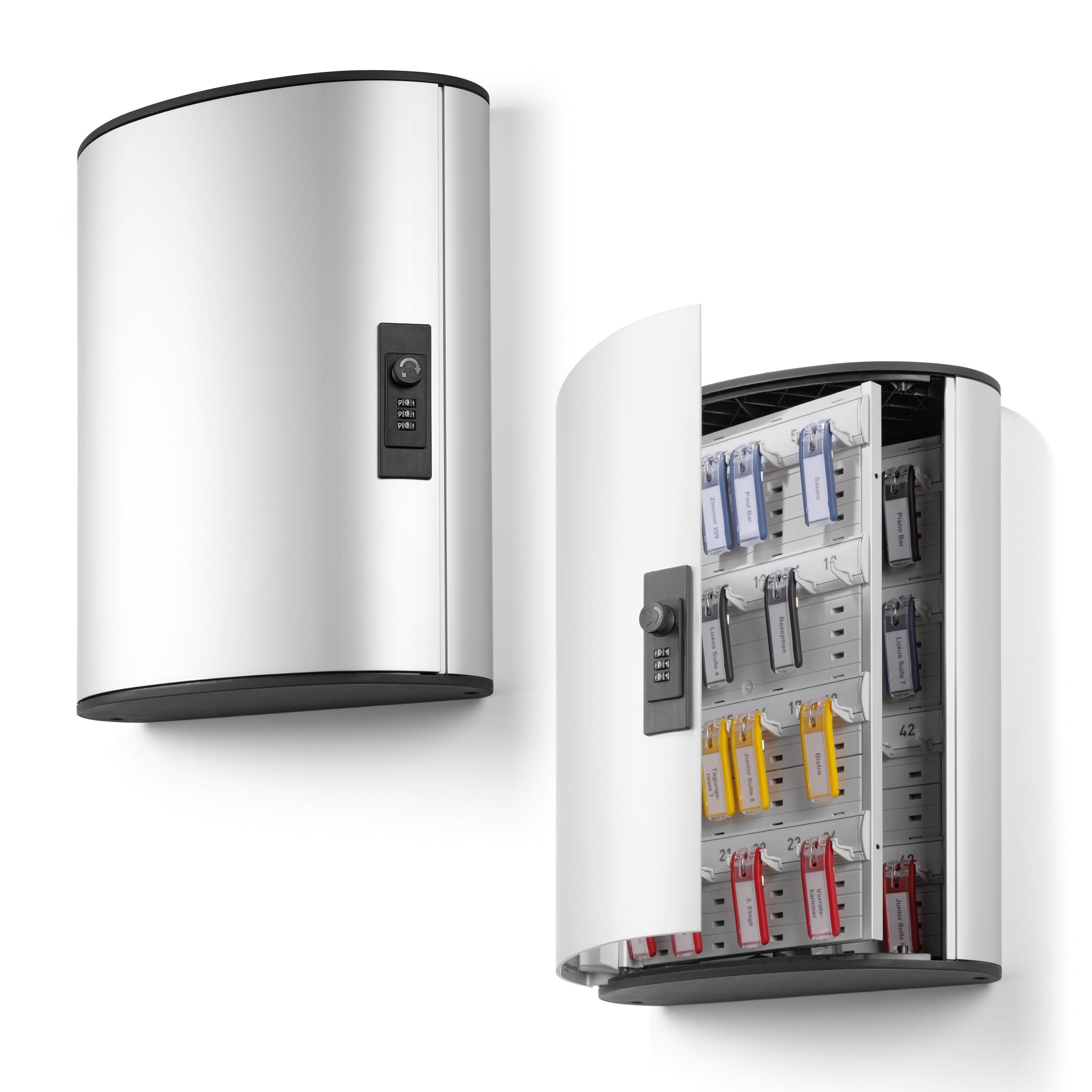 Durable Key Safe Box 48 - Wall Mounted Key Holder Cabinet with Combination Lock for up to 48 Key Clip Keys - Securely Lock Keys Away - Aluminium Keysafe Including 6 Key Clip Tags, Silver