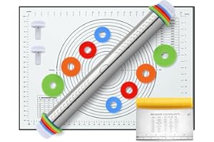 Unokit Pasta Making Tools 3-Piece Set, Stainless Steel Rolling Pin with Thick Ring, Oversized Non-Slip Pastry Mat and Graduat