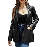 RISISSIDA Women Faux Leather Blazer Jacket,Spring Fall Vegan Pleather Soft Casual Lapel Button Down Coat