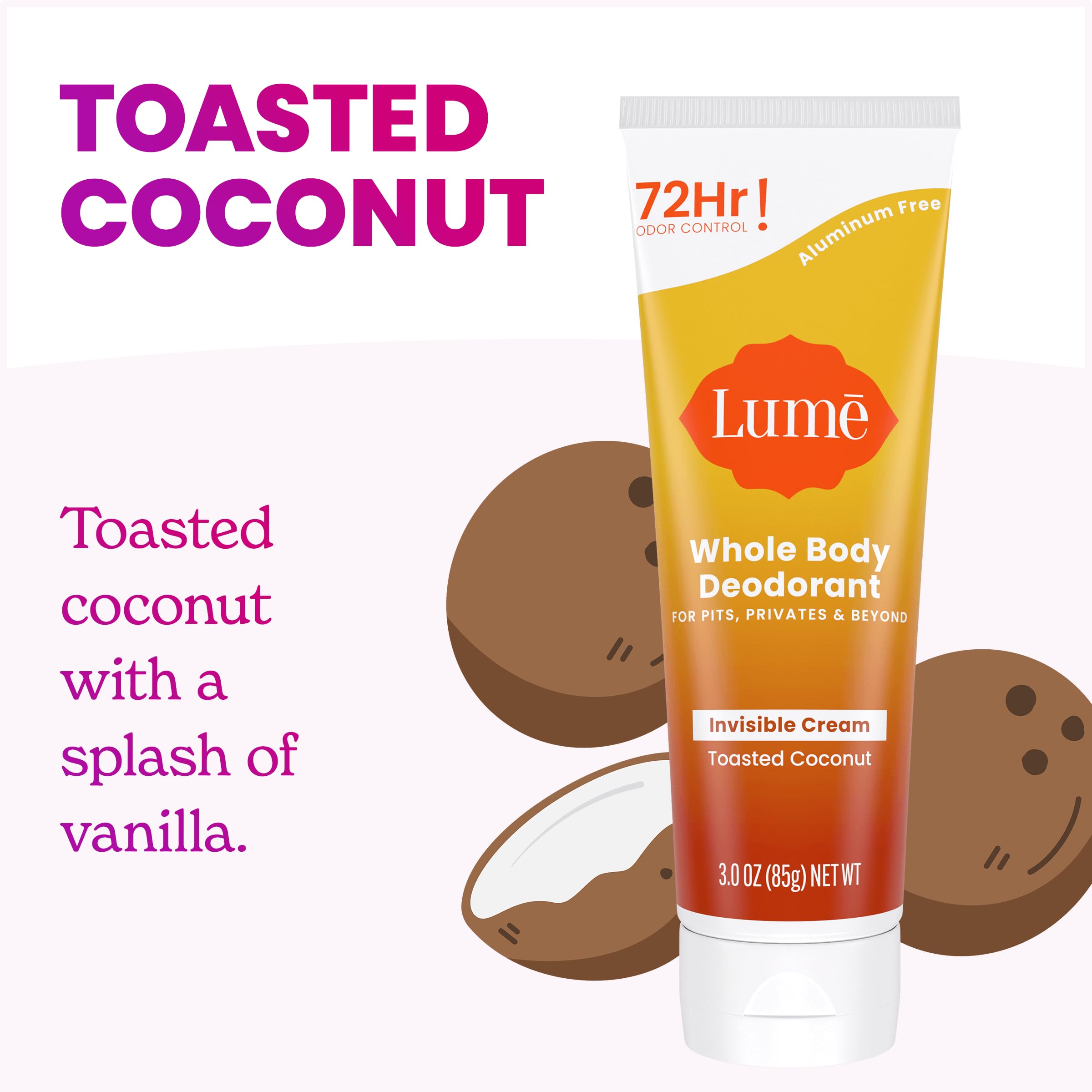 Lume Whole Body Deodorant - Invisible Cream Tube - 72 Hour Odor Control - Aluminum Free, Baking Soda Free, Skin Safe - 3.0 ounce (Pack of 2) (Toasted Coconut)