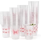 Yicentdp 150 Pack Pink Bow Party Plastic Cups 12 oz Coquette Bow Disposable Drinking Cups for Bachelorette Bridal Shower Birthday Party Decorations