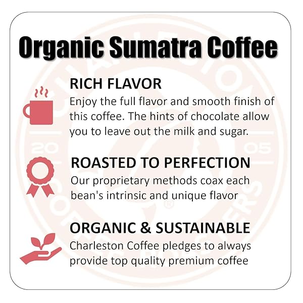 CHARLESTON COFFEE ROASTERS | SPECIALTY ORGANIC GROUND COFFEE | HAND PICKED, PREMIUM SLOW ROAST (SUMATRA, BOLD ROAST) 12OZ