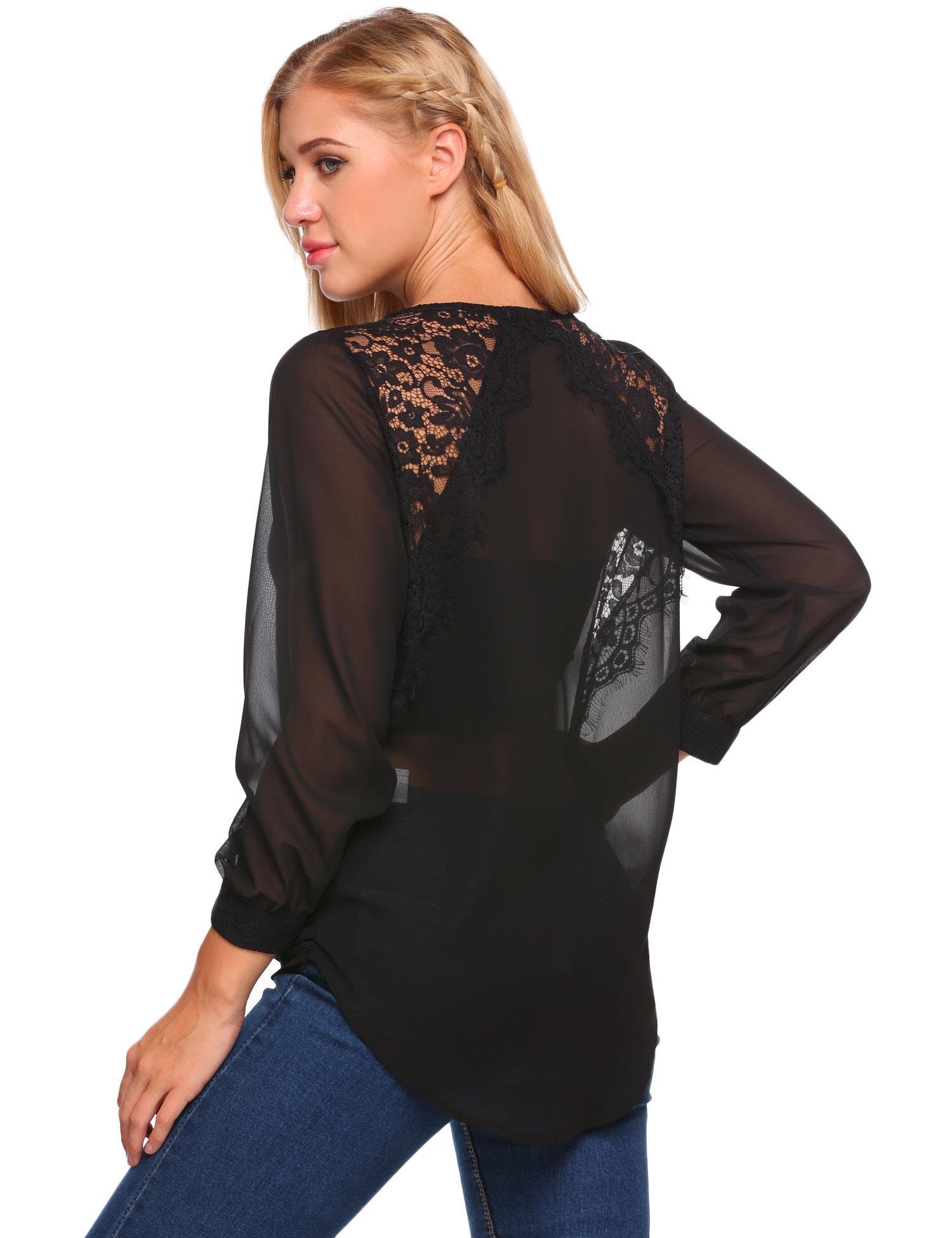 zeagoo Women\'s Long Sleeve Wrap Shirt Sexy Sheer V Neck Lace Chiffon Blouse Top Black Medium