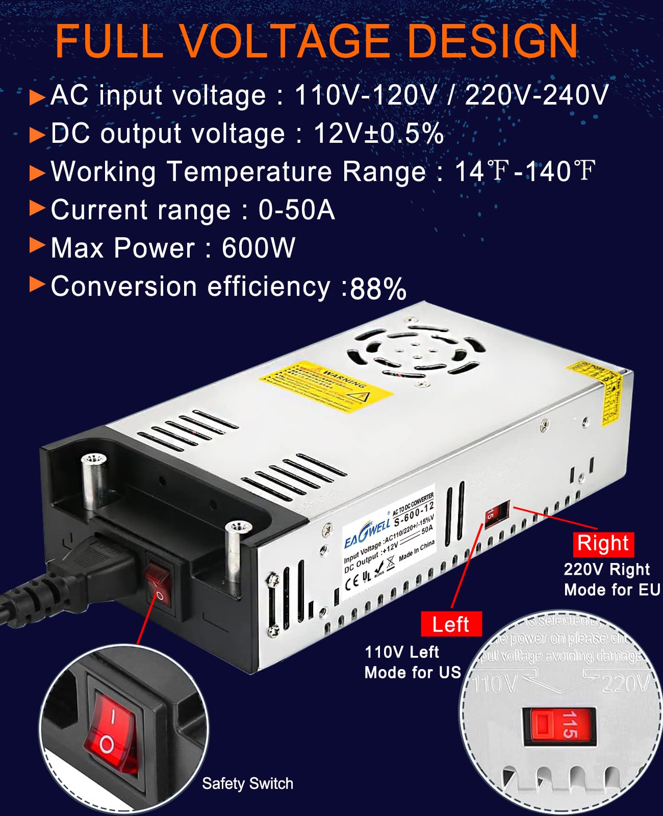 EAGWELL AC to DC Converter 12V Power Supply, Universal SMPS 120V AC to 12V 50A 600W DC Converter Power Supply Transformer Driver Adapter for RV,Pump,LED Strip, LCD Monitor
