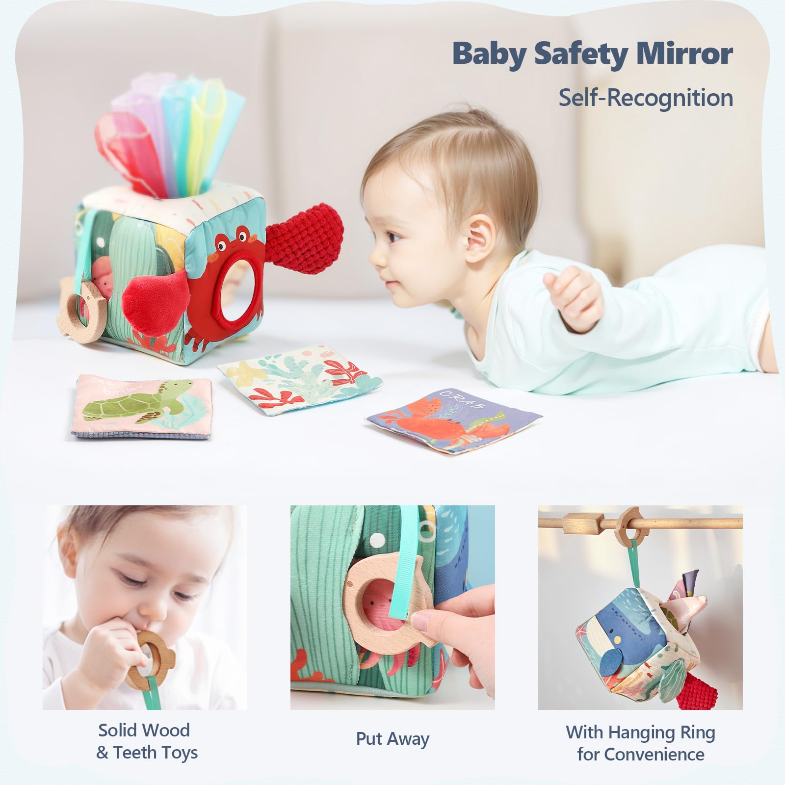Macabaka Baby Tissue Box Toy, Montessori Sensory Toys for 6-12 Months, 6 Month Old Baby Must Haves, with Crinkle Paper, Silk Scarves, Safety Mirror, Perfect Early Learning Gift