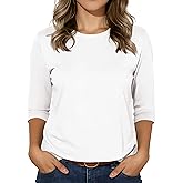 3/4 Sleeve Tops for Women Basic Crew Neck Spring Blouses Casual Fit Fall T Shirts