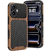 Dolstrap Rugged Case Compatible with iPhone 17 Case, (Natural Wood & Leather & Carbon Fiber Hybrid) Slim Phone Cover, Black