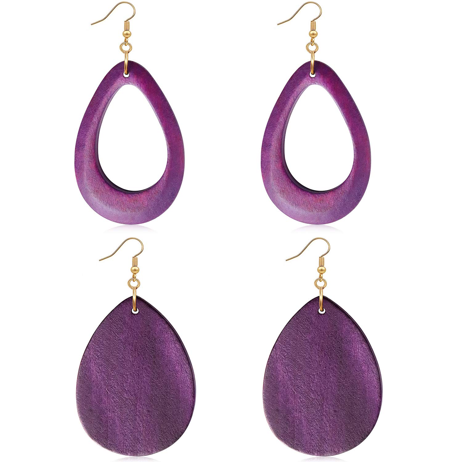 Wowanoo Wood Earrings Natural Wooden Teardrop Earrings Geometric Lightweight Drop Earrings for Women, Metal Wood