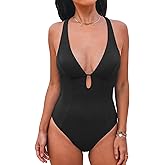 CUPSHE Women's One Piece Swimsuit Deep V Neck Keyhole Cutout O Ring Textured Bathing Suit