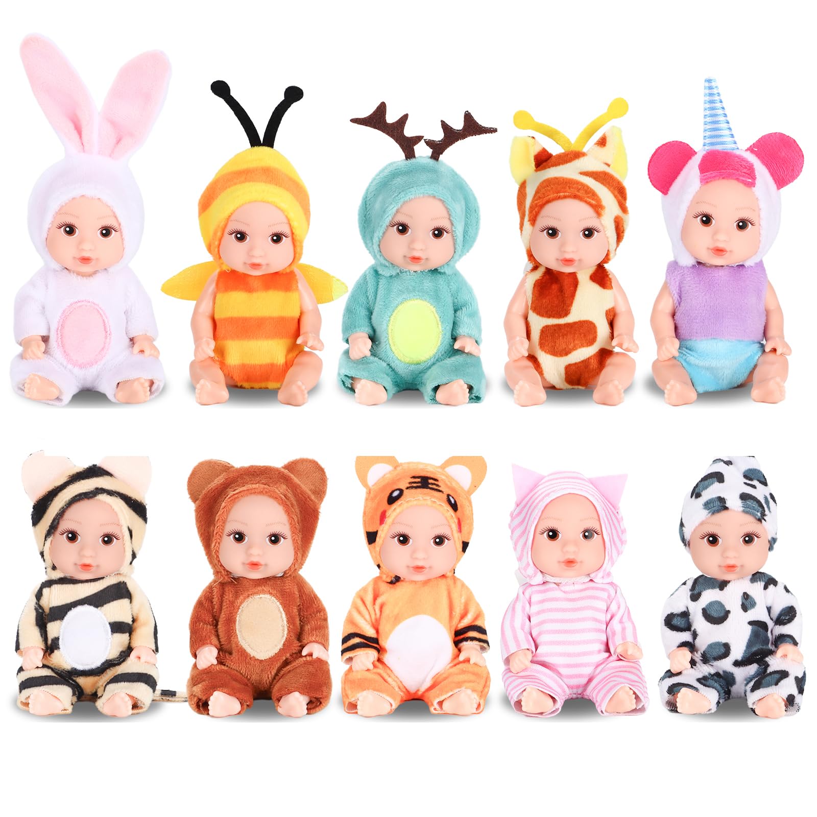 Vueos 10 Pcs 4 Inch Mini Baby Dolls Playset Lifelike Realistic Baby Dolls with Handmade Animal Clothes Cute Small Baby Doll Gifts Set for Toddlers Girls Kids 3+