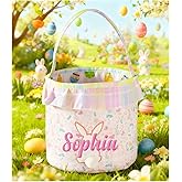 Personalized Easter Basket with Name For Kids, Custom Embroidered Floral Bunny Storage Bucket, Egg Hunting Bags for Toddler Boy Girls, Cotton Rabbit Party Tote, Decorative Newborn Baby Birthday Gifts
