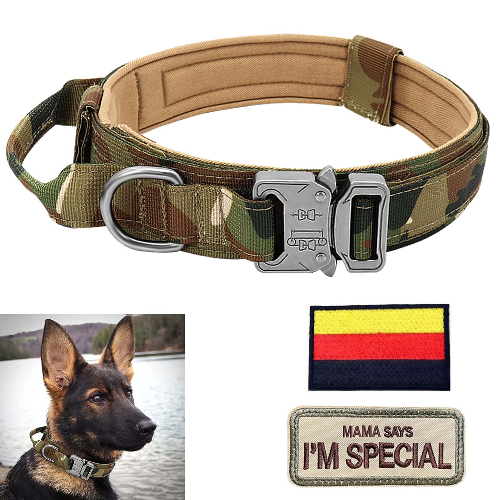 Adjustable Dog Collar with Control Handle, Tactical Collar Nylon, Dog Collar Padded, Metal Buckle, for Medium Large Dogs, Hunting Training, Outdoor, Green, L Wide