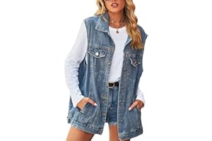 Perbai Women's Oversized Denim Vest Distressed Mid Long Sleeveless Jean Jacket Waistcoat with Pockets