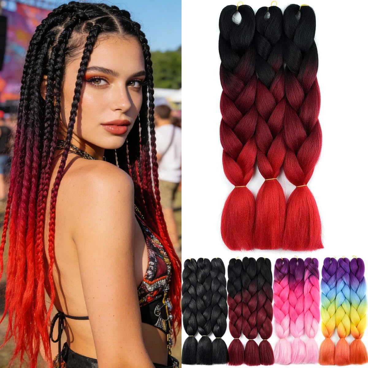 Yamel Ombre Braiding Hair Extensions 3 Tone Black to Deep Red to Red 24 Inch 3 Packs Synthetic Jumbo Braids for Crochet Twist Box Braid โ image 1
