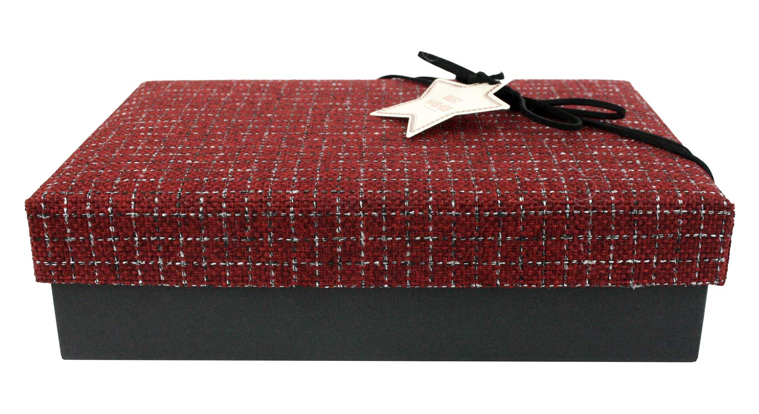 Emartbuy Black/Fabric Red Rigid Gift Box with Ribbon – 24.5 x 17 x 6.5 cm – Luxury Cardboard Presentation Box | Premium Packaging for Hampers, Birthdays, Weddings, Corporate Gifting