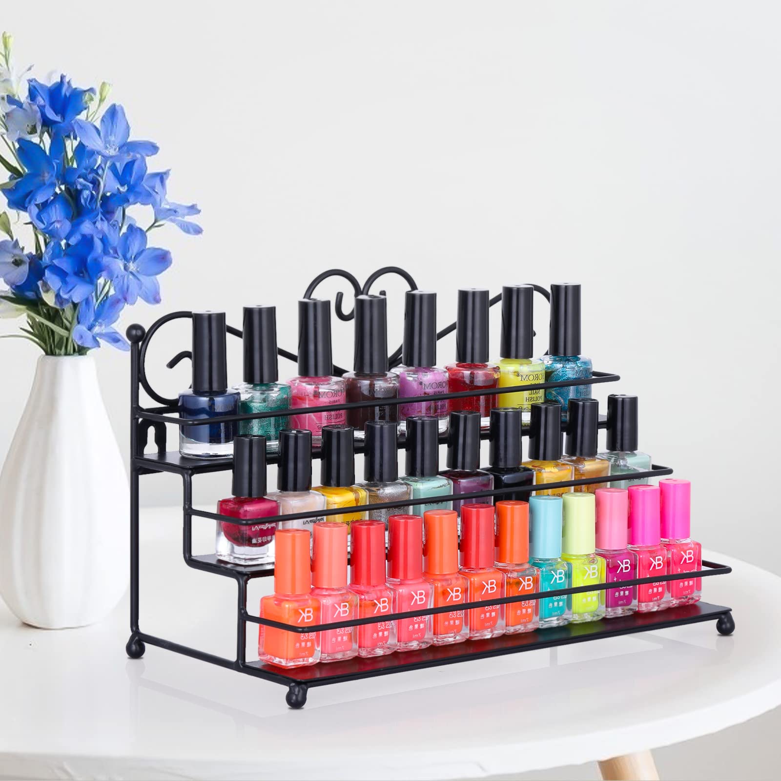 FullBerg Elegant Black 3-Tier Nail Polish Stand - Display Stand for Nail Polish, Lipstick, Fragrance - Neutral