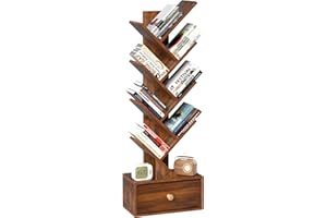 SHEEPAM 8 Tier Tree Bookshelf with Drawer, Free Standing Wood Bookcase for Narrow Space, Storage Organizer Bookshelves for Books, Book Case for Home Office, Living Room, Bedroom, Rustic Brown