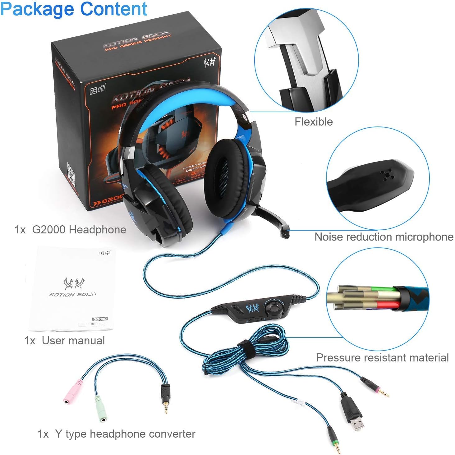Gaming Headset with Mic for PC,PS4,Xbox One,Over-Ear Headphones with Volume Control LED Light Cool Style Stereo,Noise Reduction for Laptops,Smartphone,Computer (Black & Blue): Computers & Accessories