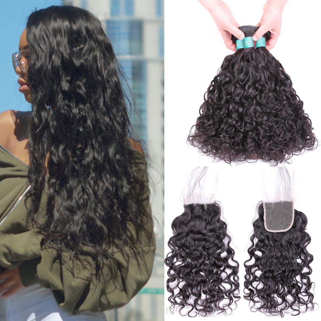 BLY Brazilian Natural Loose Wave Virgin Human Hair Wet and Wavy 3 Bundles Weft with Lace Closure 4"x4" Free Part-8A Unprocessed Beach Wave Curly Hair Extensions Weave(18 20 22+16 closure)