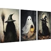 Halloween Decorations Indoor Wall Decor: 3 pcs Large Scary Witch Ghost Black Cat Canvas Poster, Classic Horror-themed Halloween Wall Art, Goth Dark Moody Paintings for Living Room Bedroom, Unframed
