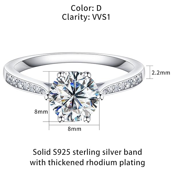 SAMIOVJ MOISSANITE ENGAGEMENT RINGS FOR WOMEN, 1CT 1.5CT 2CT D COLOR ROUND DIAMOND SOLITAIRE ENGAGEMENT RING, WHITE GOLD PLATED STERLING SILVER WEDDING PROMISE RINGS