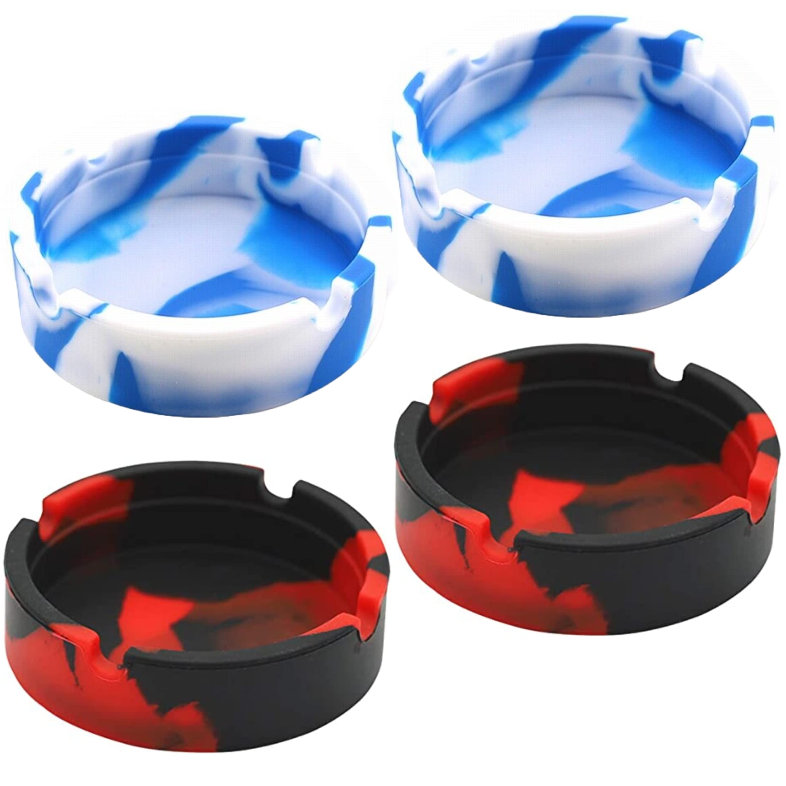 Silicone Heat Resistant Ash Tray - Unbreakable & Washable Ashtray for Outdoor, Restaurant, Indoor and More (4 Pack - Red & Blue)