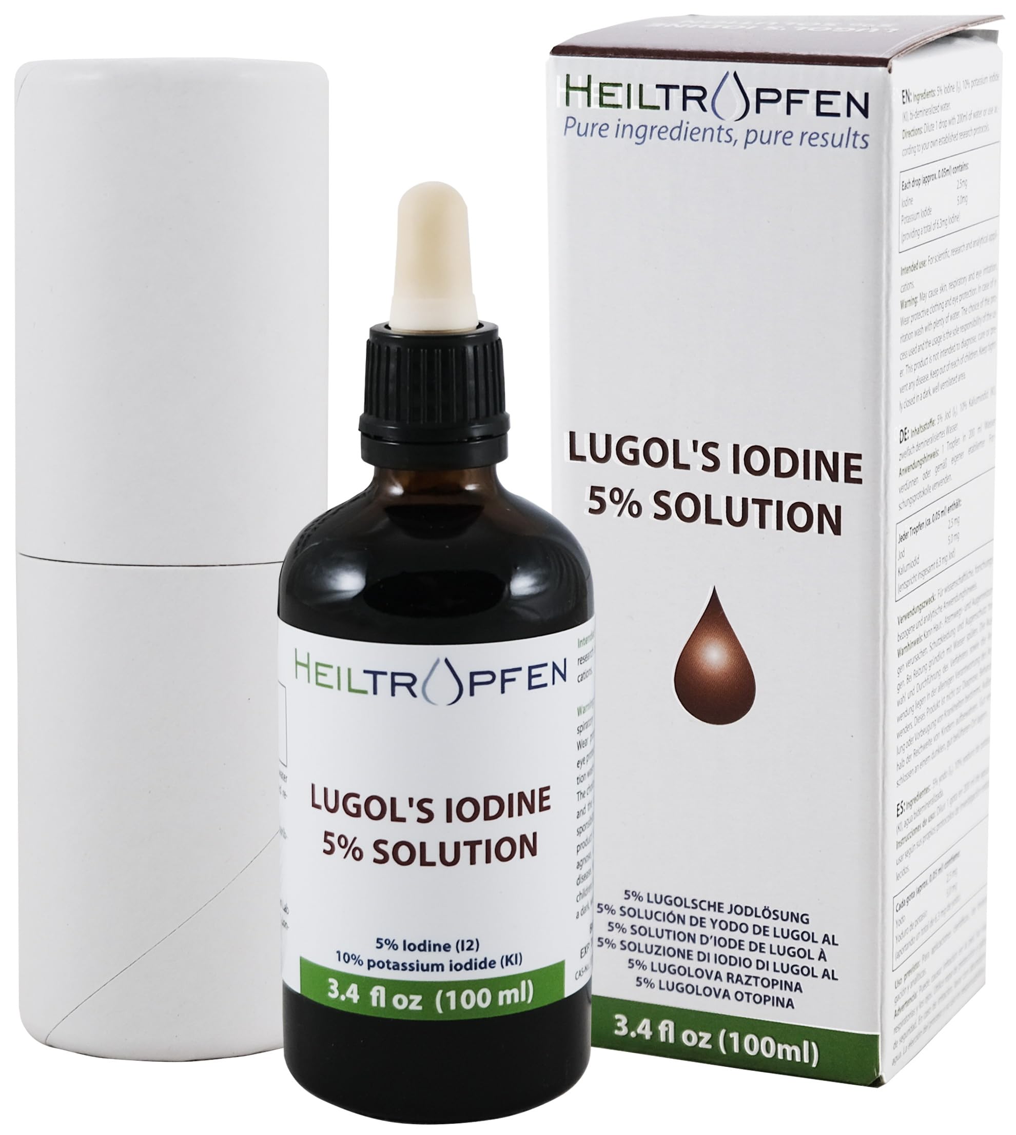 Lugols Iodine Solution 5% 3.4 Oz - 100 ml | 15% Liquid Formulation | Liquid Drops | Thyroid Support | Made with 5 Percent Iodine and 10% Potassium Iodide | Third-Party Tested | Heiltropfen®