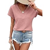 EVALESS Womens Cap Short Sleeve Textured Tops Summer Dressy Casual V Neck Solid Loose Basic T Shirts Tee Blouses