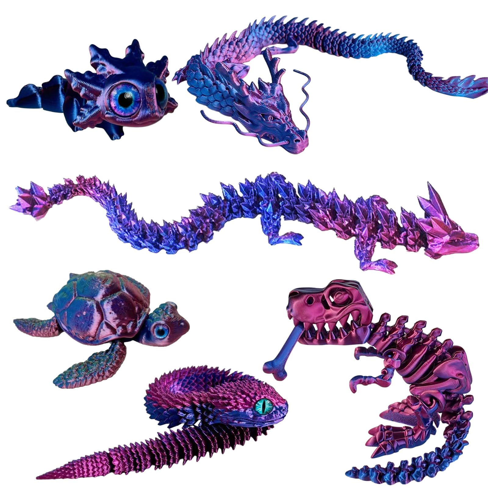 MUNKST 6PCS 3D Printed Animals, Joint Articulated 3D Printed Fidget Toys Salamander Dinosaur Snake Dragon Turtle Animal Collectable for Office Decoration Home (Blue Green Purple)