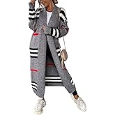 ebossy Women's Vintage Open Front Knit Striped Maxi Long Cardigan Sweater with Pockets