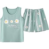 Vopmocld Big Girl's Tank Top and Shorts Cotton Pajama Set Teens Cute Heart Shape Sleepwear Kids Clothes PJS