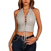 Waist Wow Women's PU Leather Halter Top Lace Up Front Crop Tank Tops Sleeveless Backless Sexy Corset Camisole Party Clubwear