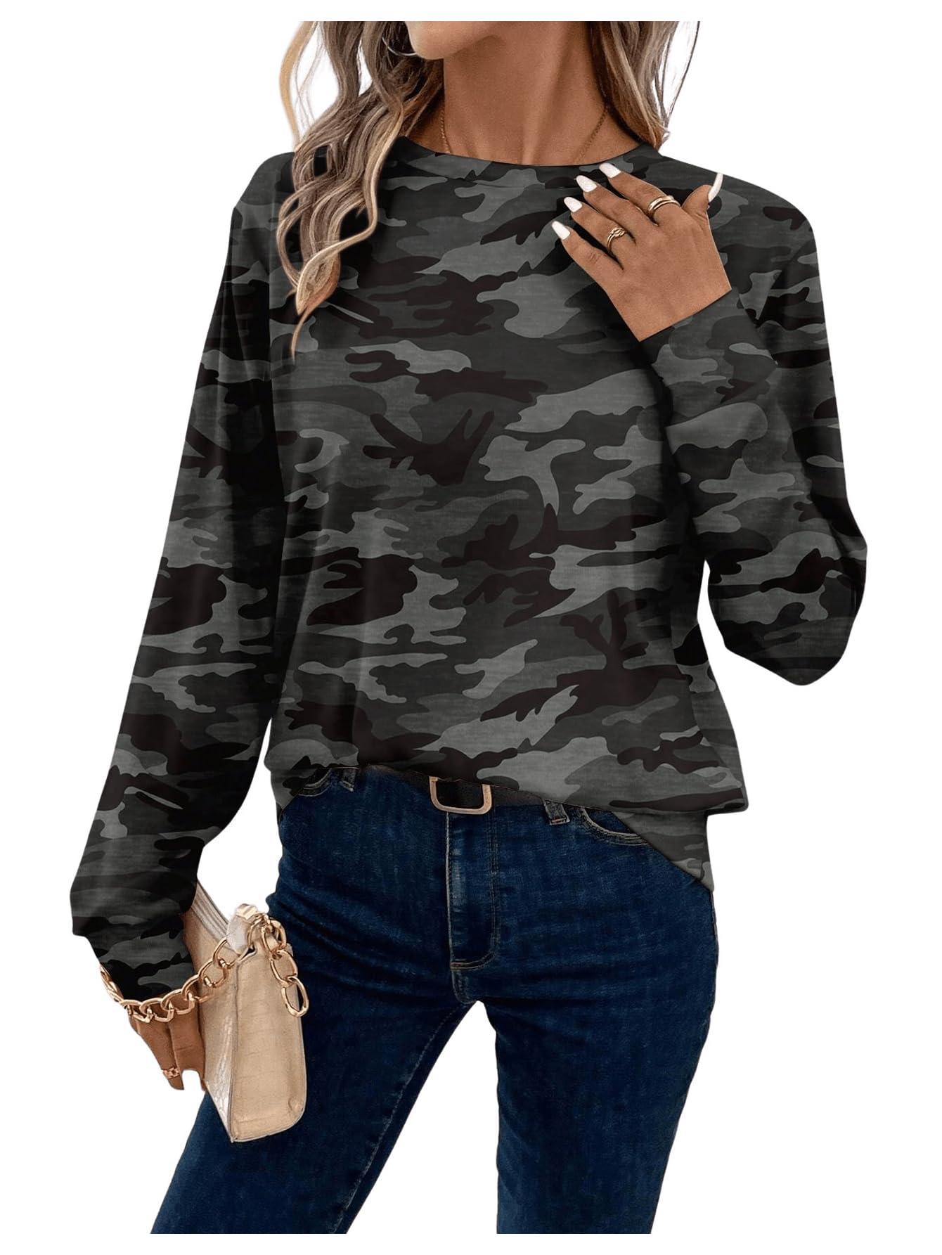 Photo 1 of  ***USED***RoseSeek Women's Camo T Shirt Crew Neck Long Sleeve Tee Tops Causal Fall Clothes Dark Grey Medium